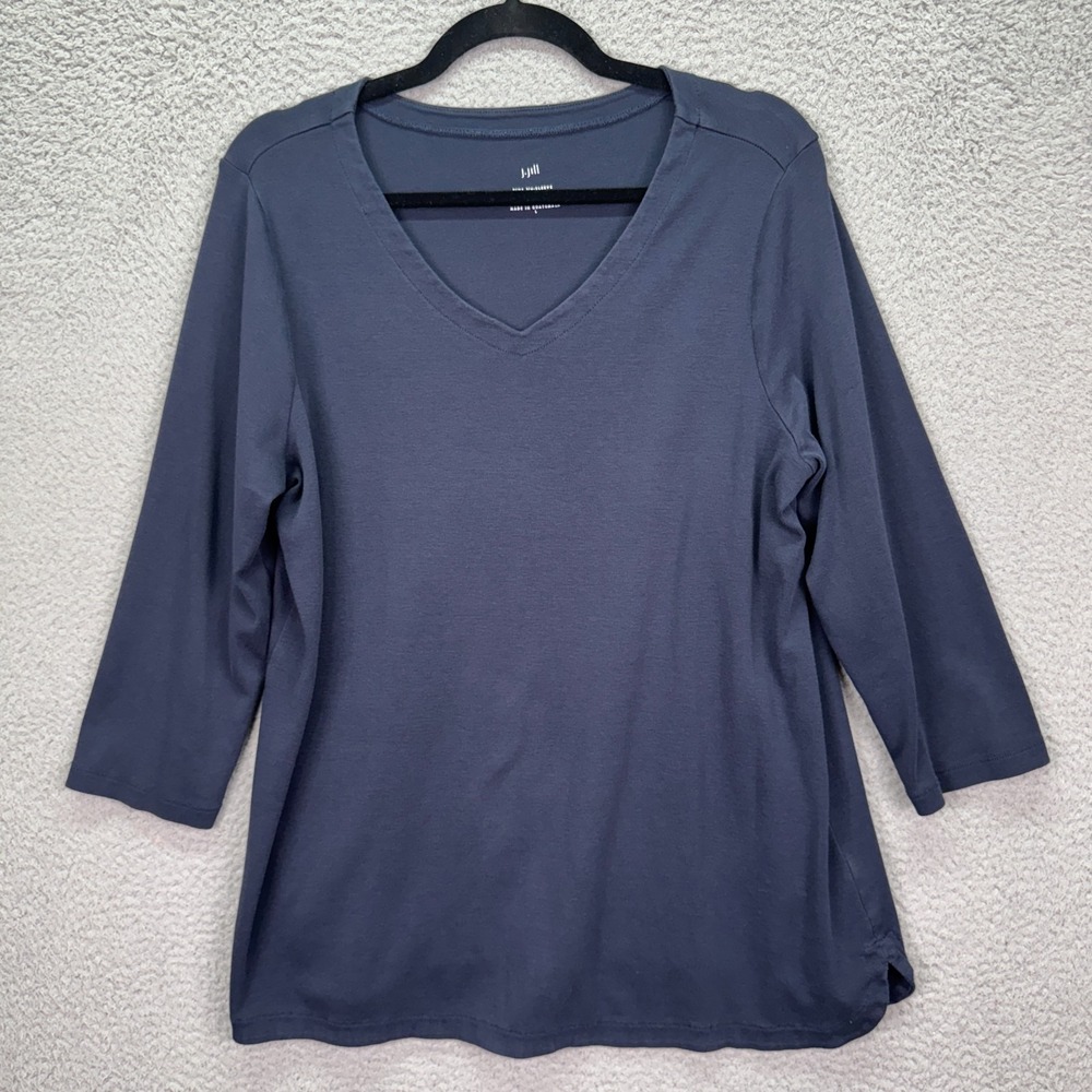 J Jill Top Womens L Blue Pima 3/4 Sleeve V Neck Tee Everyday Basic Minimalist